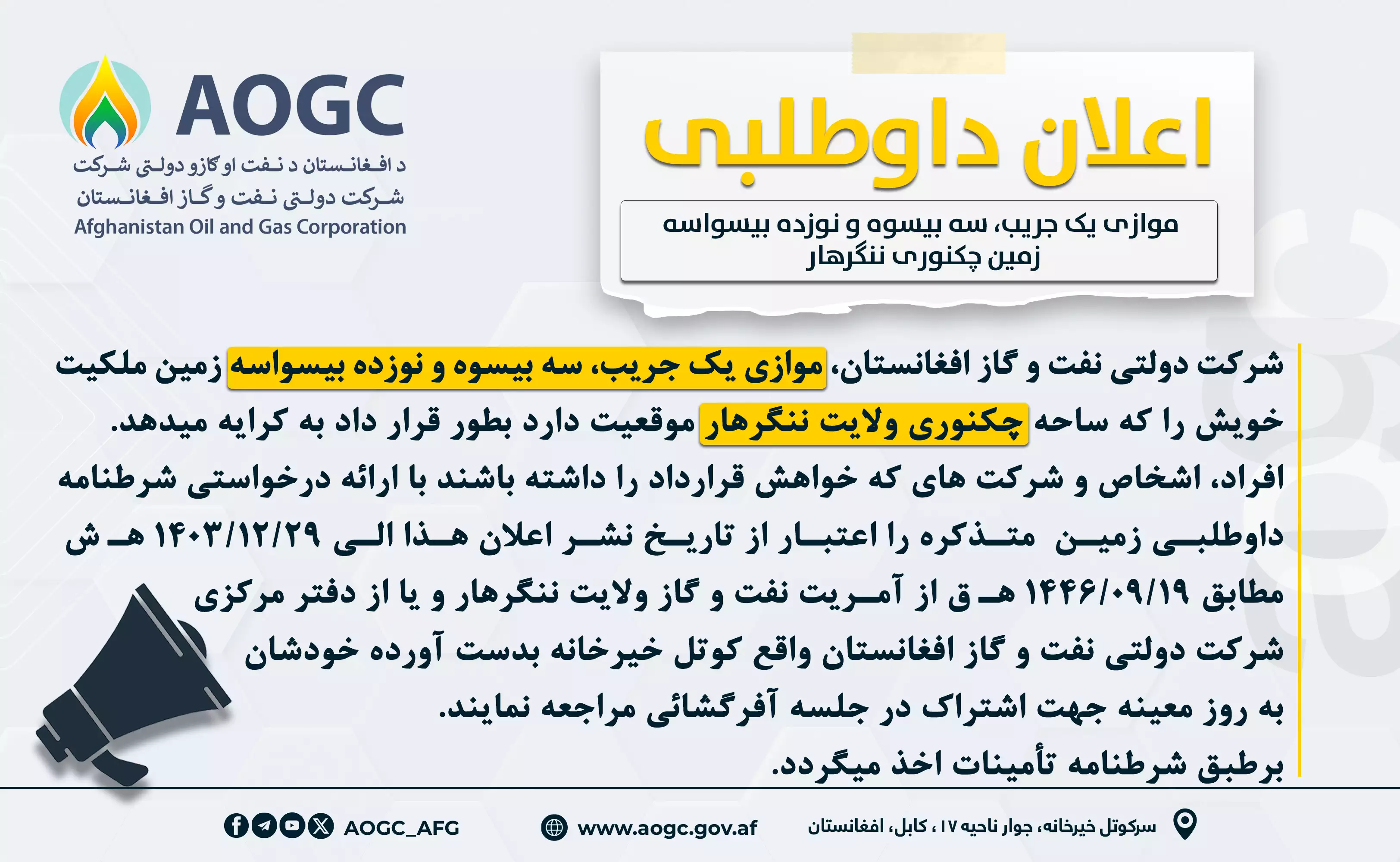 اجاره دهی موازی یک جریب، سه بیسوه و نزده بیسواسه زمین چکنوری ننگرهار